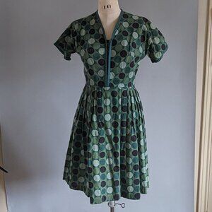 Vintage 1950s Geometric Polka Dot Shirtwaist Dress Small Medium